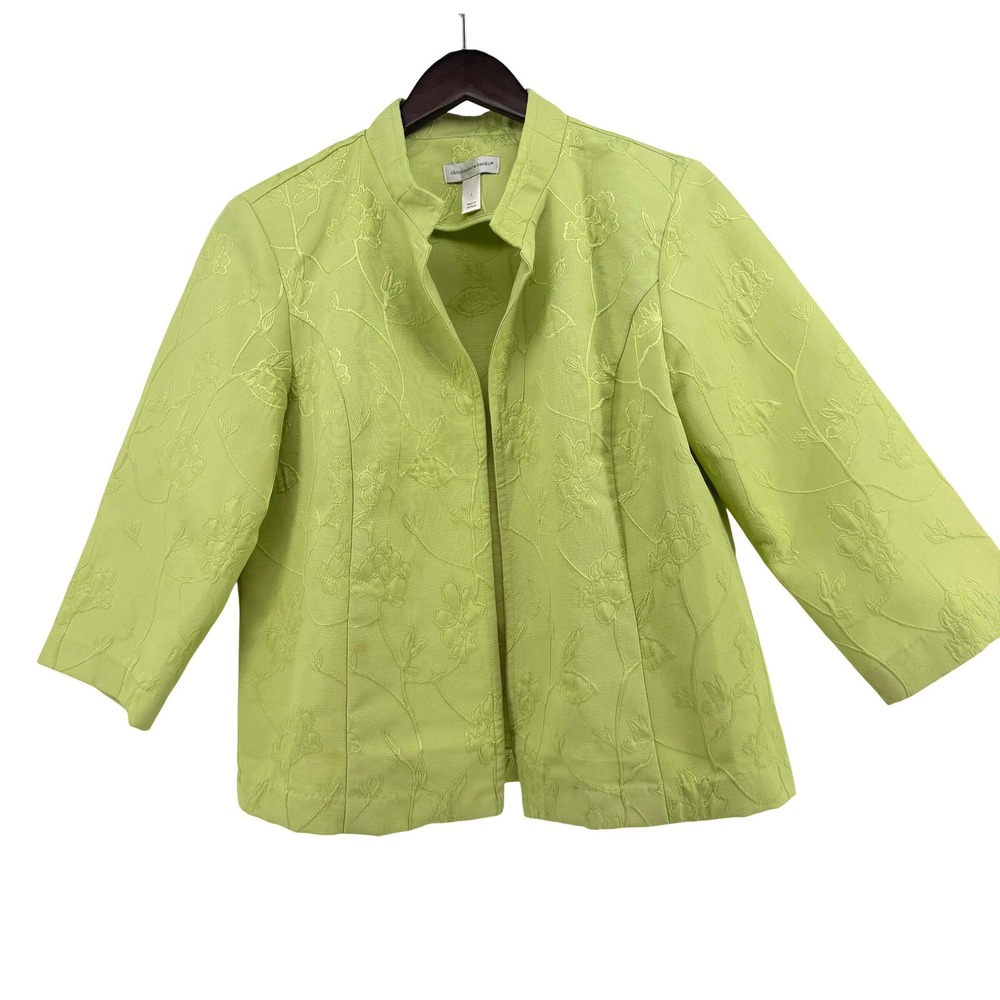 Christopher & Banks Lime Green Floral Jacquard Open Front Jacket Large 3/4 Slv